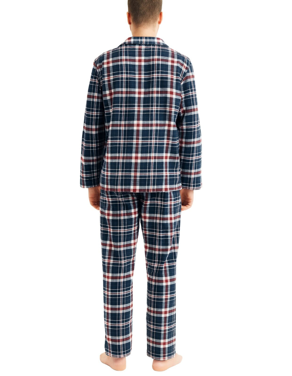 Mens Flannelette Pyjama Set Sleepwear Soft 100% Cotton PJs Two Piece - Navy/Red Check - M