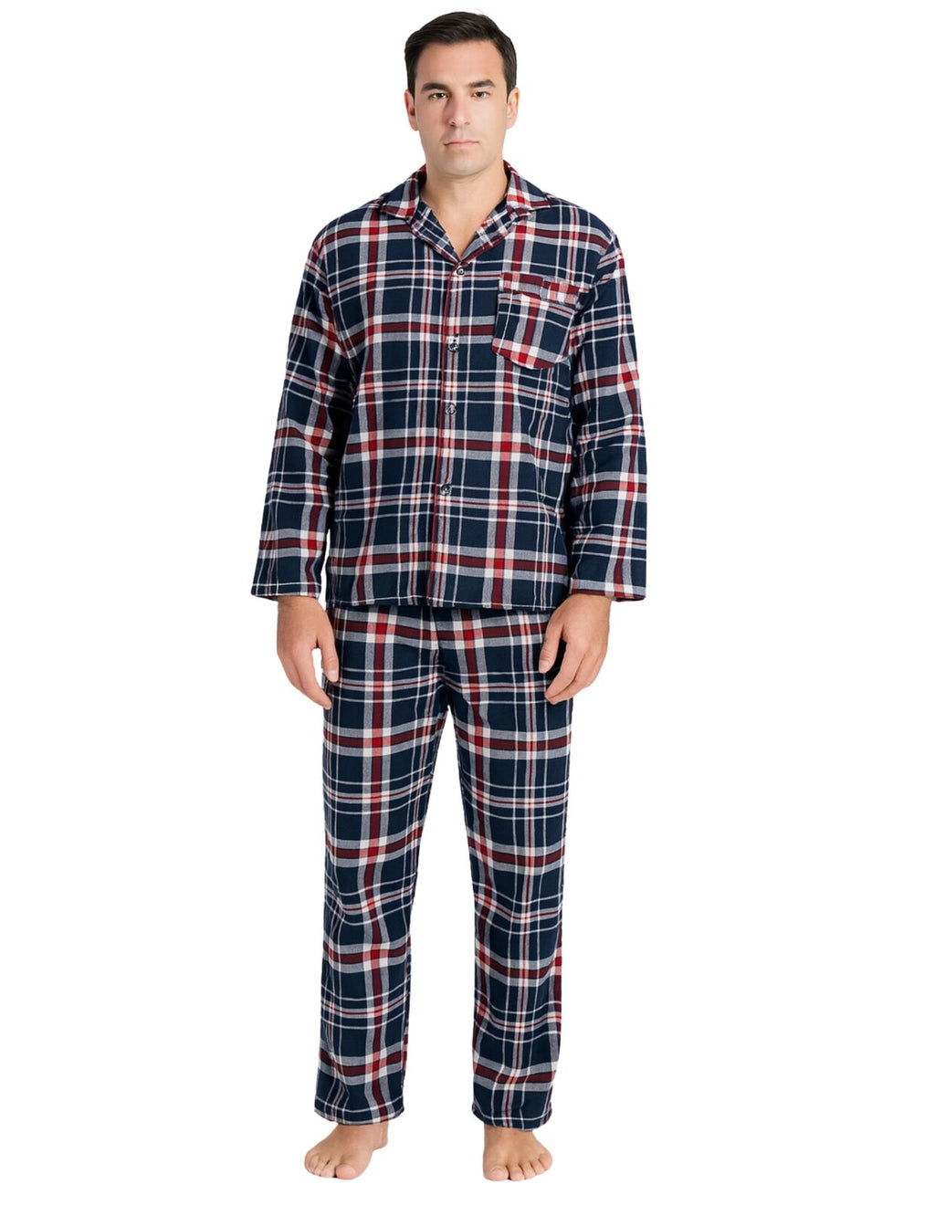 Mens Flannelette Pyjama Set Sleepwear Soft 100% Cotton PJs Two Piece - Navy/Red Check - XL