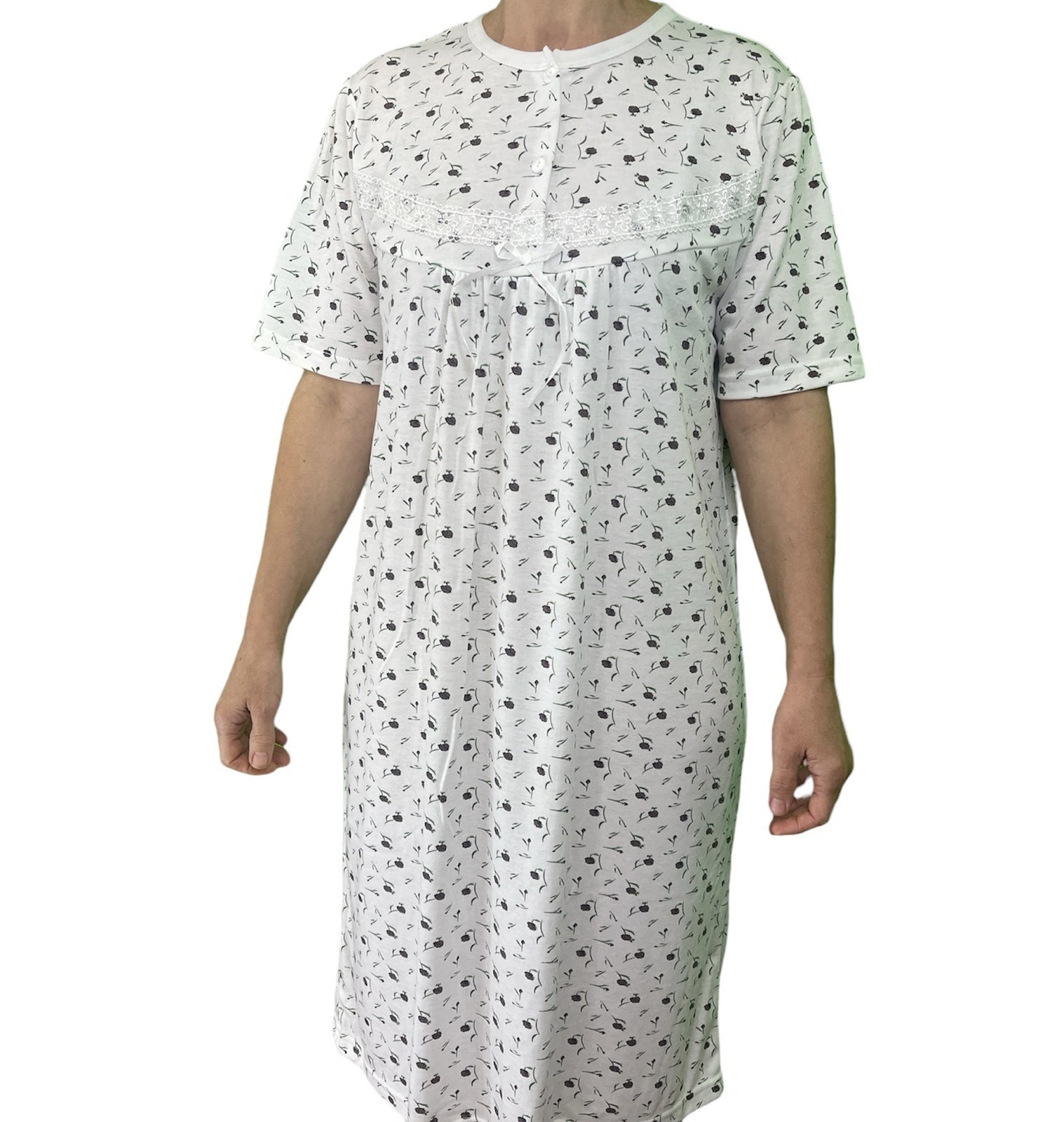 Womens Ladies Cotton Nightie Night Gown Slip Petticoat PJs Sleepwear Dress - White/Purple - 16