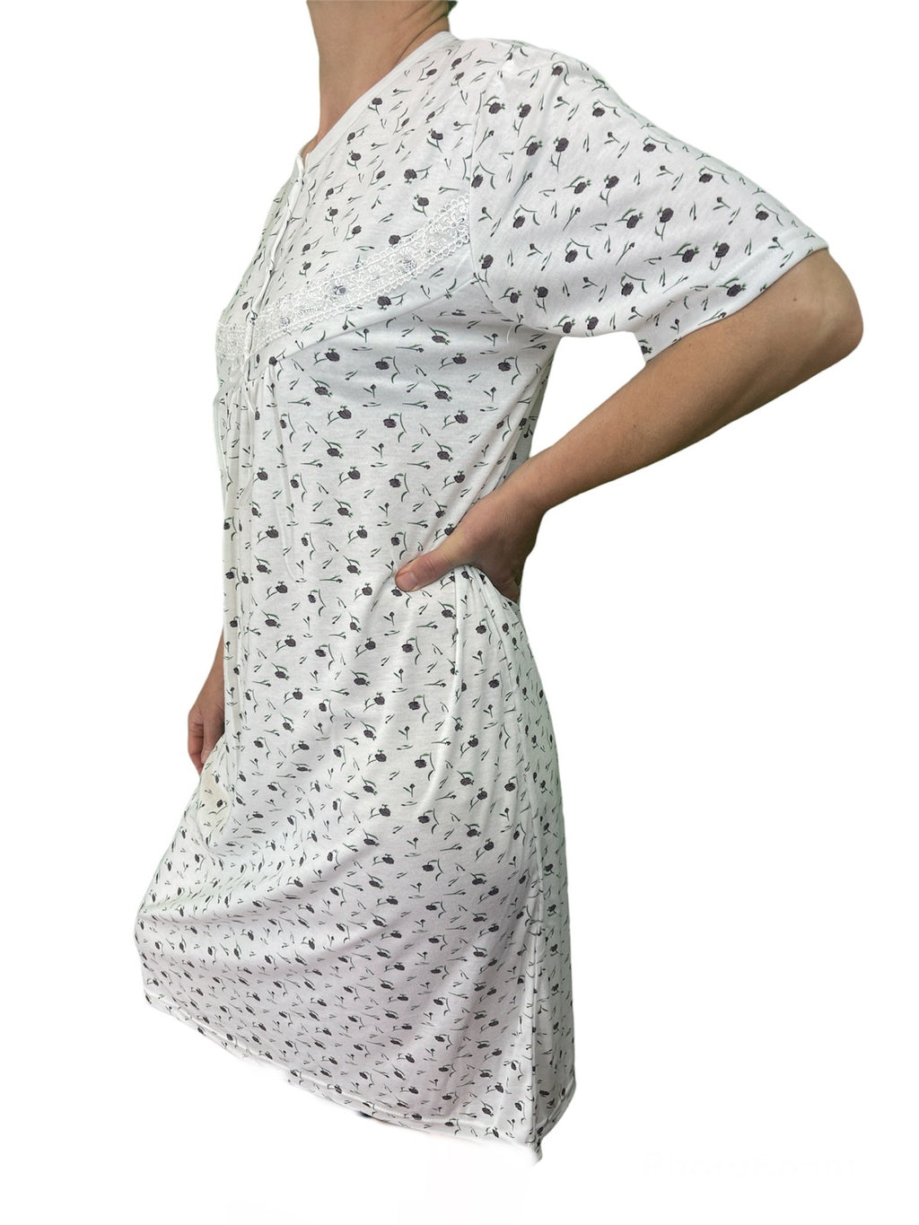 Womens Ladies Cotton Nightie Night Gown Slip Petticoat PJs Sleepwear Dress - White/Purple - 20