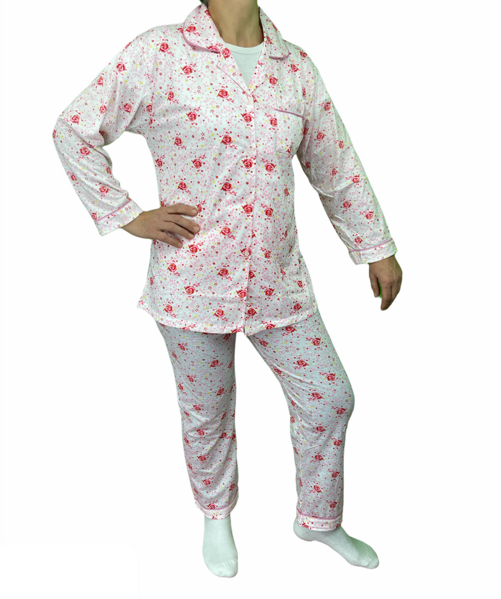 Womens PYJAMAS PJs Set Pajamas Ladies Cotton PJ Womens Long Sleeve Sleepwear - Pink - 20