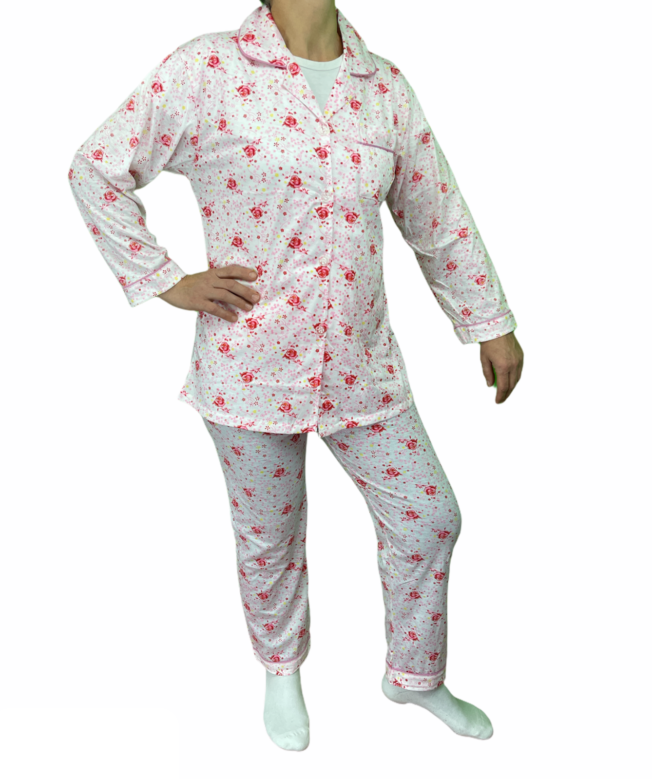 Womens PYJAMAS PJs Set Pajamas Ladies Cotton PJ Womens Long Sleeve Sleepwear - Pink - 22