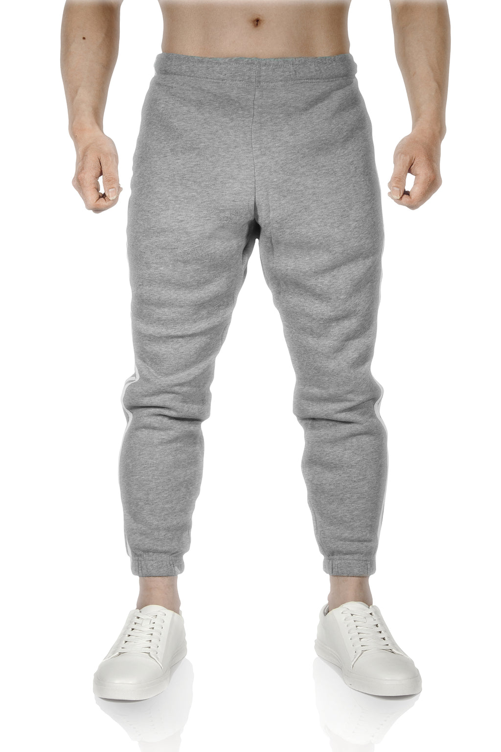 Mens Fleece Skinny Track Pants Jogger Gym Casual Sweat Trackies Warm Trousers - Grey Marle/White Stripe - XXL