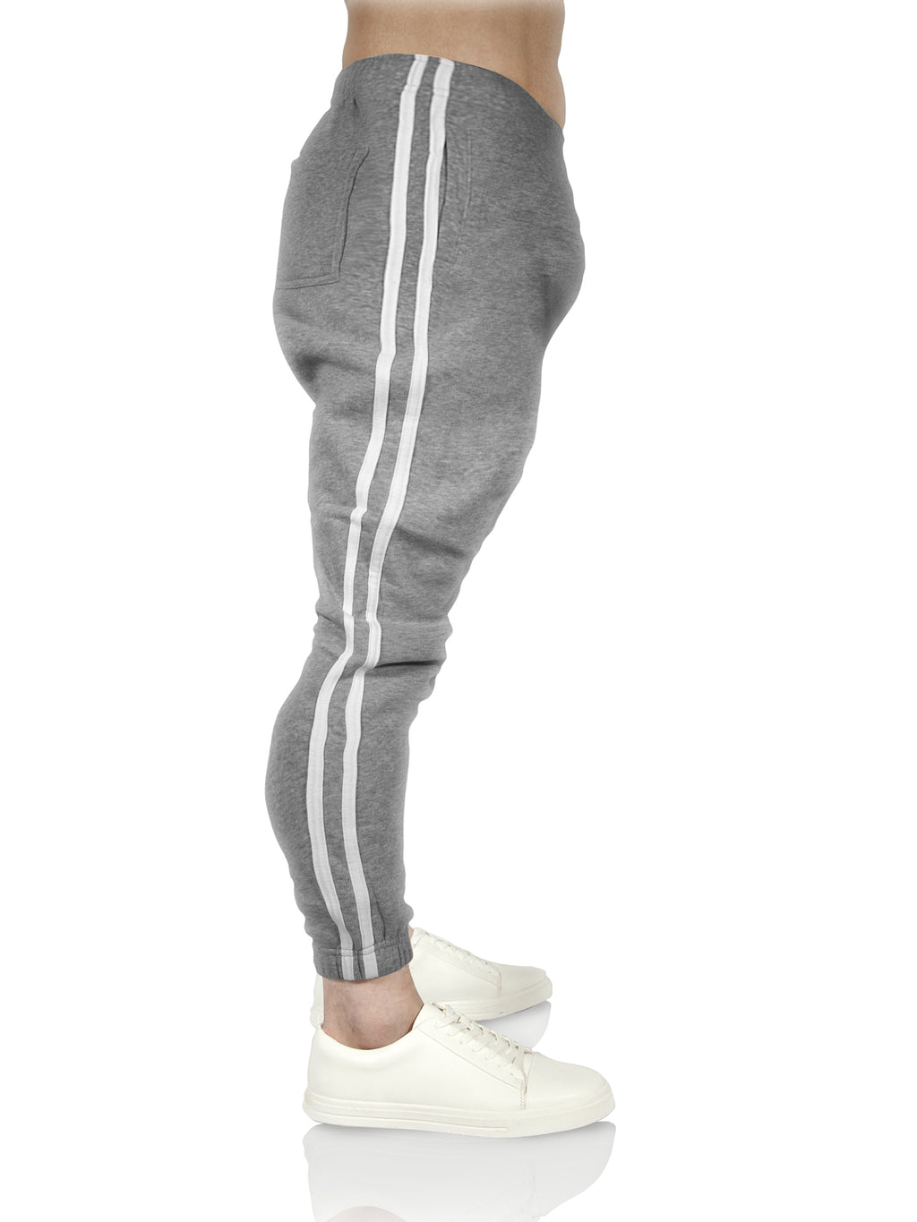 Mens Fleece Skinny Track Pants Jogger Gym Casual Sweat Trackies Warm Trousers - Grey Marle/White Stripe - XXL