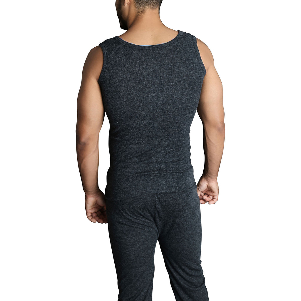 Mens THERMAL Merino Wool Blend Singlet Top Sleeveless Warm Underwear - Black - L