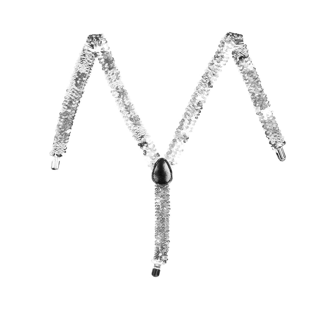 Mens Suspenders Braces Adjustable Strong Clip On Elastic Formal Wedding Slim - Silver (Sequin)