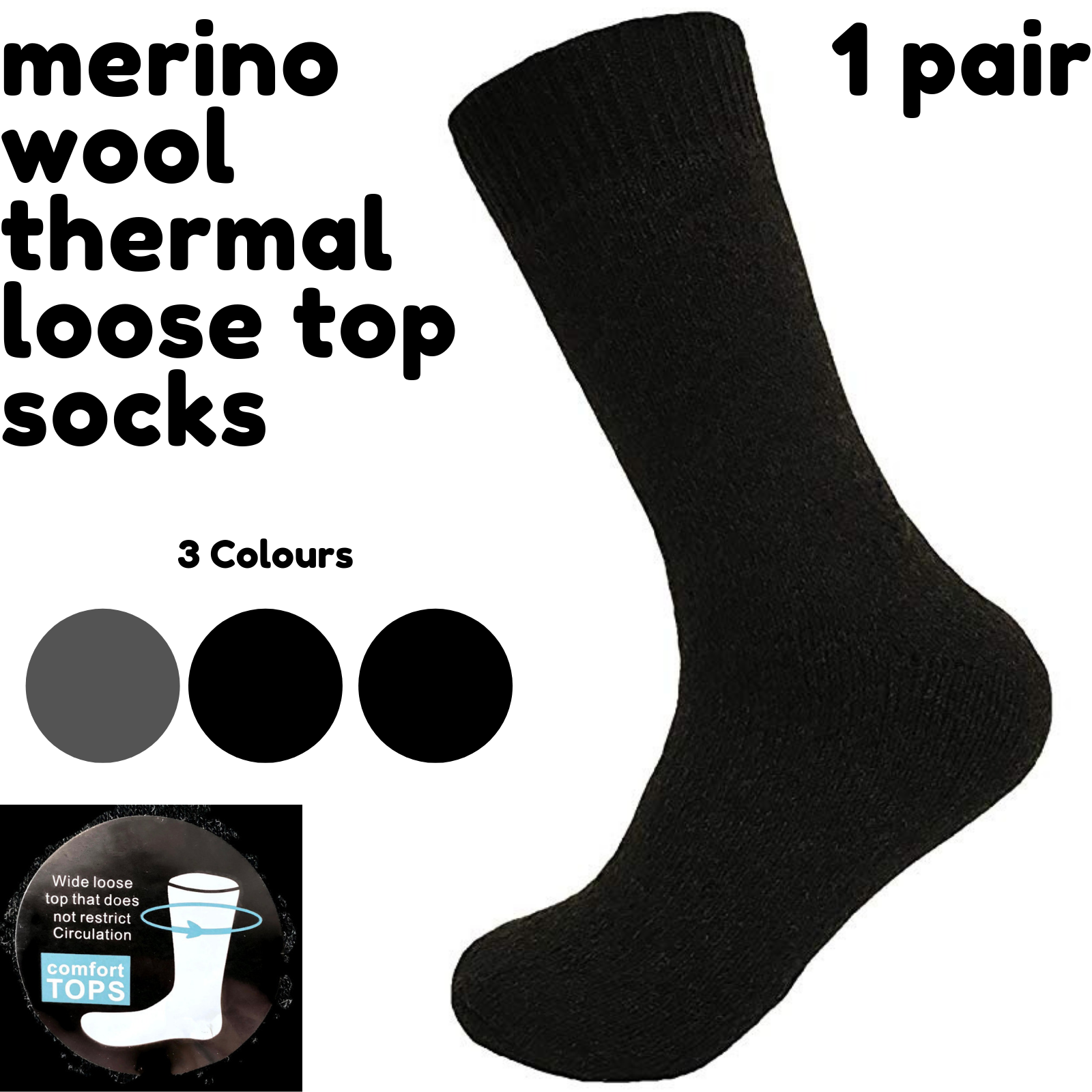 Merino Wool Mens Loose Top Thermal Socks Diabetic Comfort Circulation - 1 Pair - Grey - 2-8