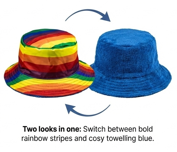 Reversible Stingy Brim Terry Towelling Bucket Hat Cap 100% COTTON - Rainbow/Blue - XXL (59-60cm)