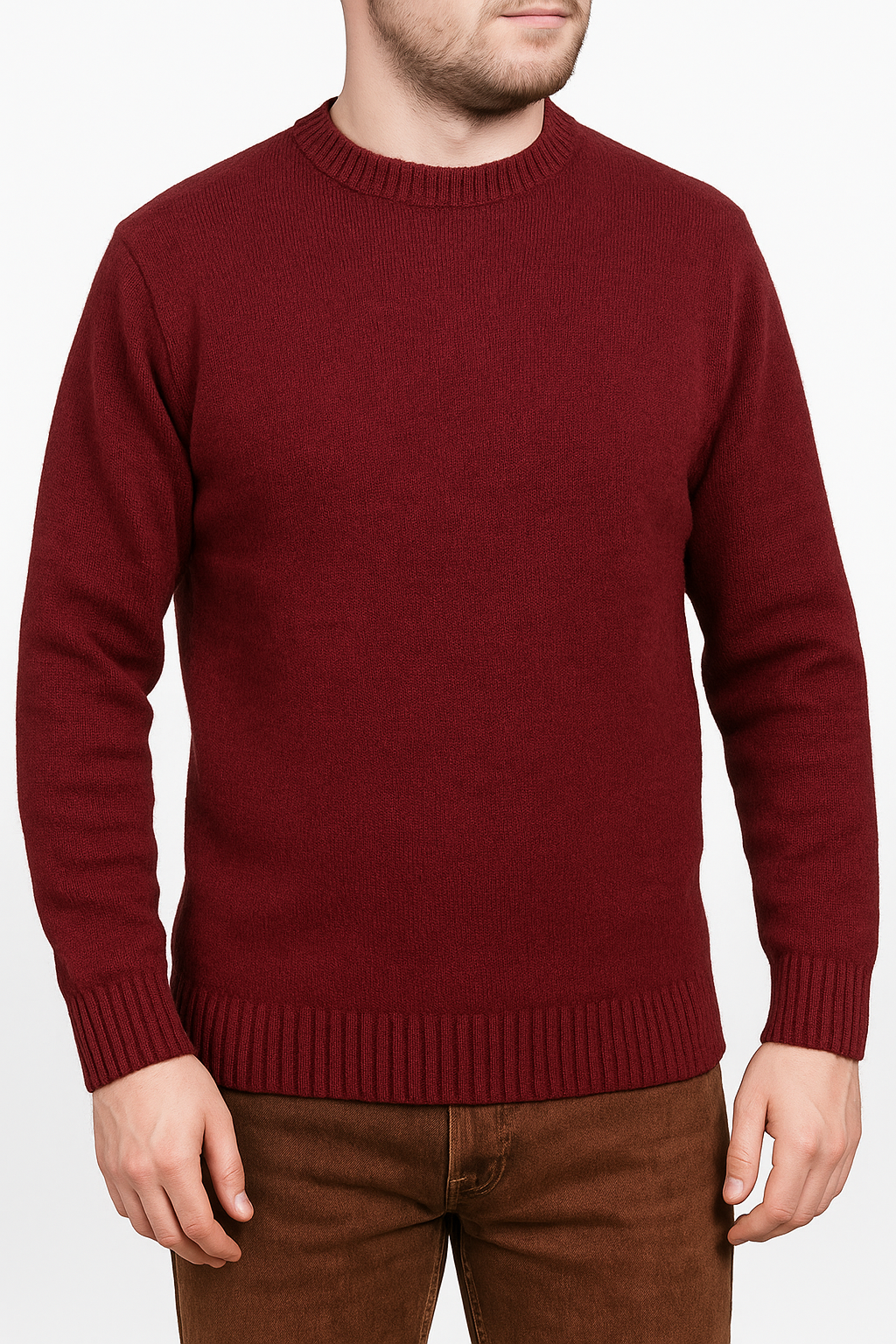100% SHETLAND RAGG WOOL CREW Round Neck Knit JUMPER Pullover Mens Sweater Knitted - Burgundy - 6XL