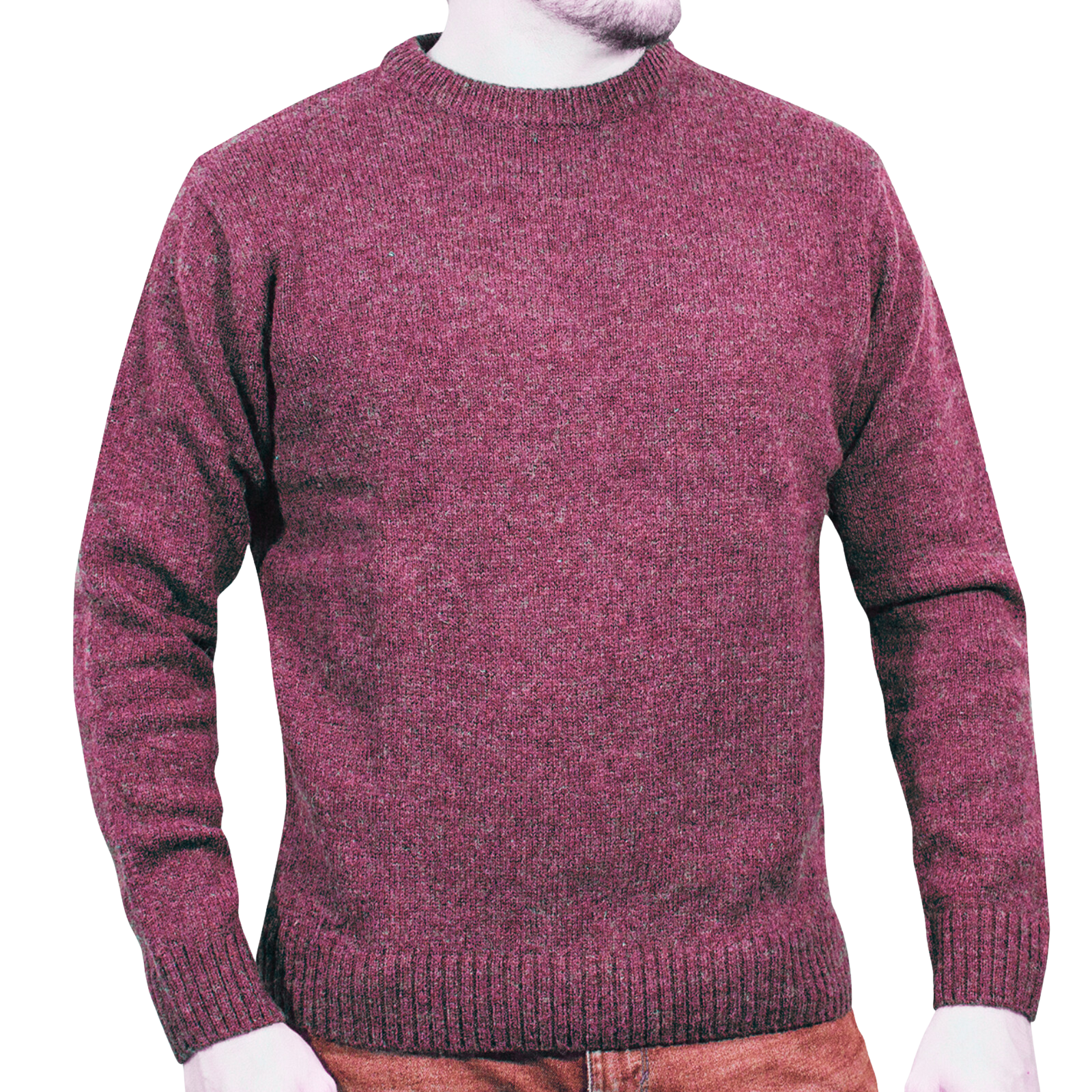 100% SHETLAND RAGG WOOL CREW Round Neck Knit JUMPER Pullover Mens Sweater Knitted - Burgundy - 6XL