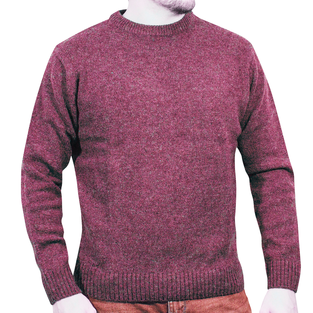 100% SHETLAND RAGG WOOL CREW Round Neck Knit JUMPER Pullover Mens Sweater Knitted - Burgundy - S