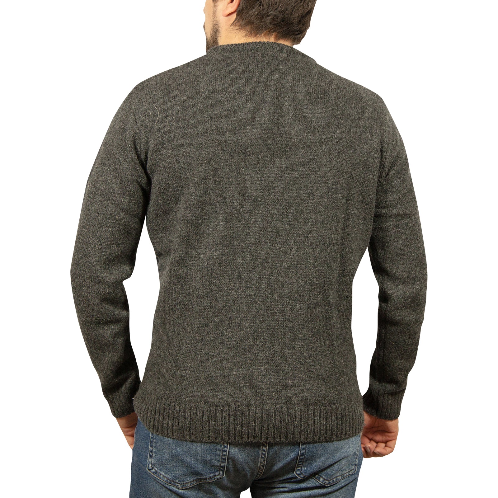 Mens 100% Shetland Ragg Wool Round Neck Knit Jumper Pullover Crew Sweater - Charcoal (29) - L