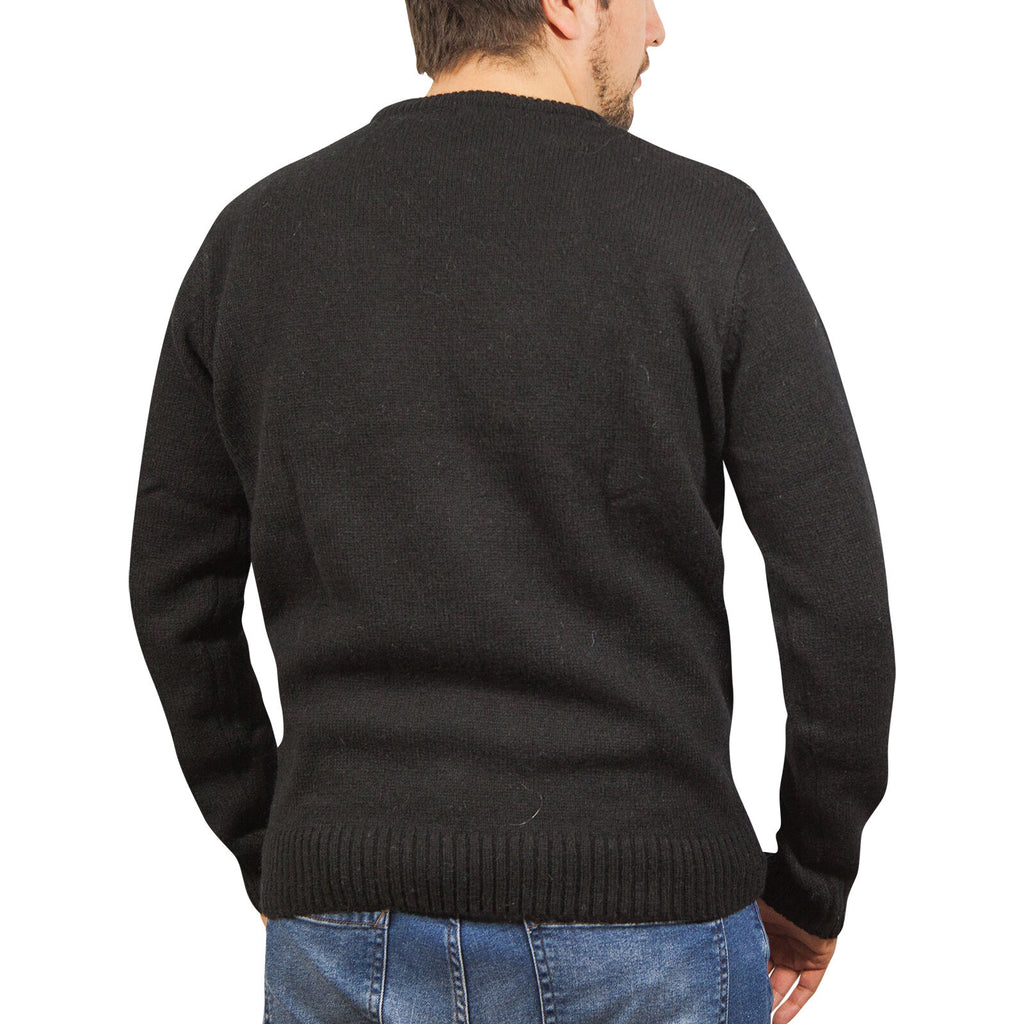 100% SHETLAND RAGG WOOL CREW Round Neck Knit JUMPER Pullover Mens Sweater Knitted - Plain Black - 4XL
