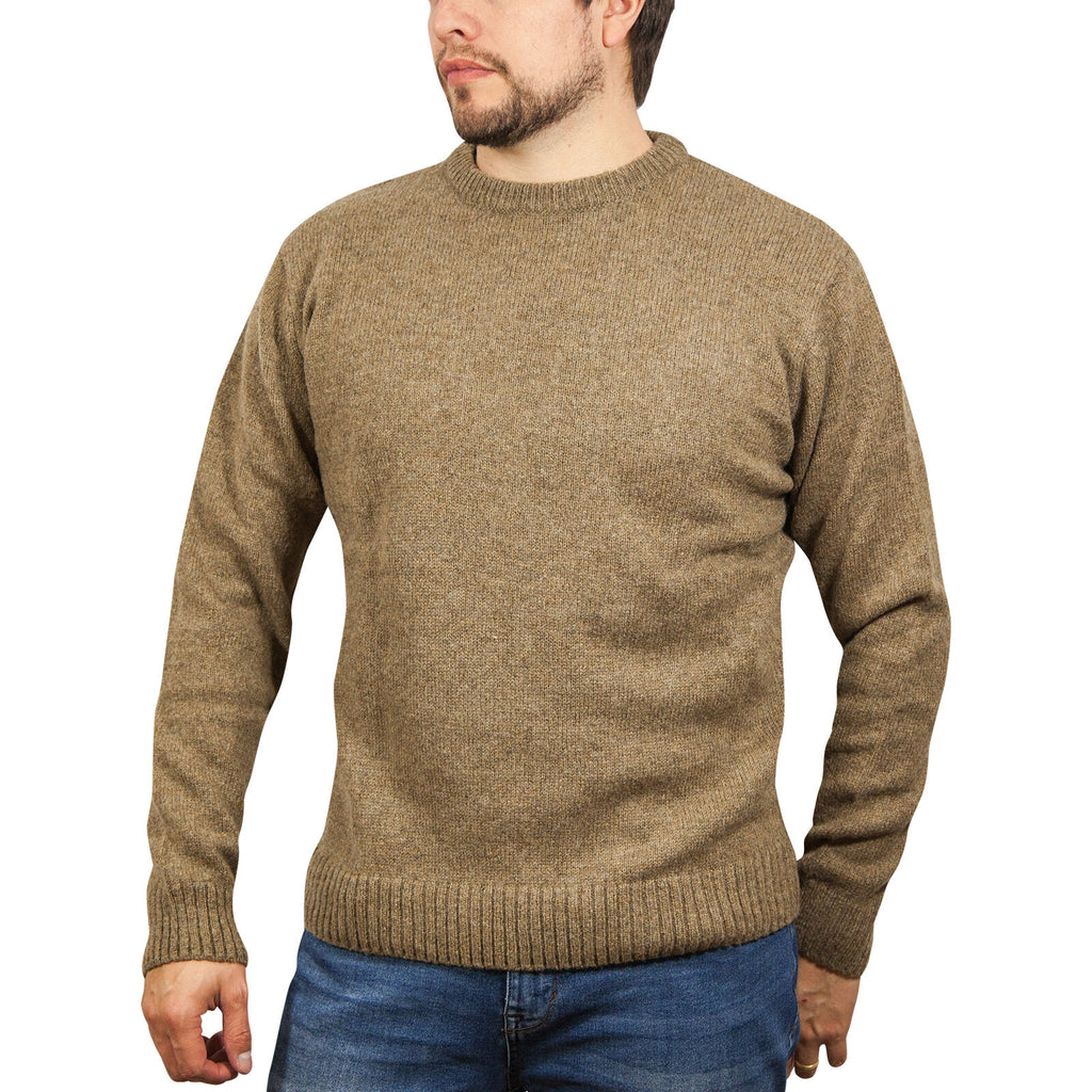 100% SHETLAND RAGG WOOL CREW Round Neck Knit JUMPER Pullover Mens Sweater Knitted - Nutmeg - 4XL
