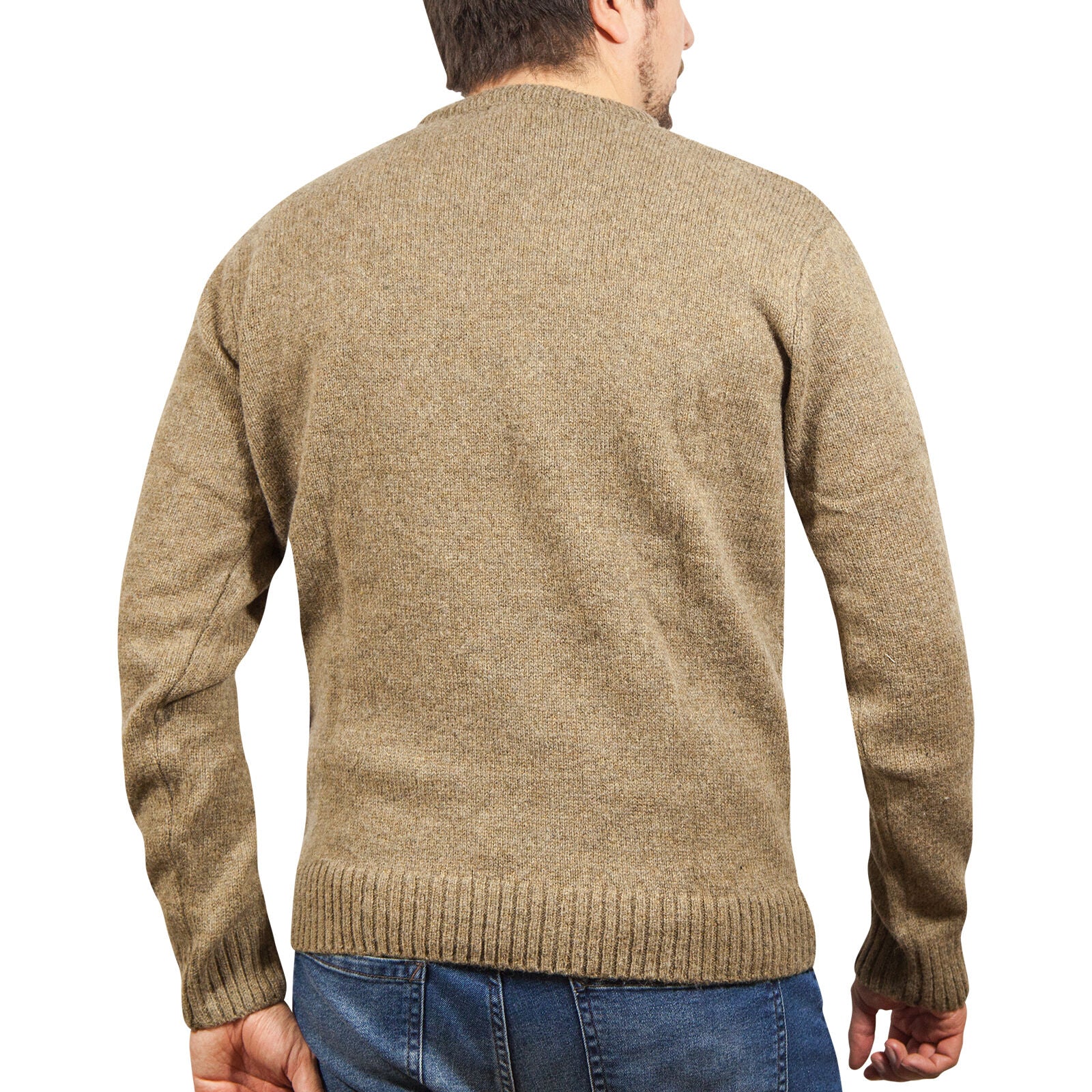 100% SHETLAND RAGG WOOL CREW Round Neck Knit JUMPER Pullover Mens Sweater Knitted - Nutmeg - 5XL