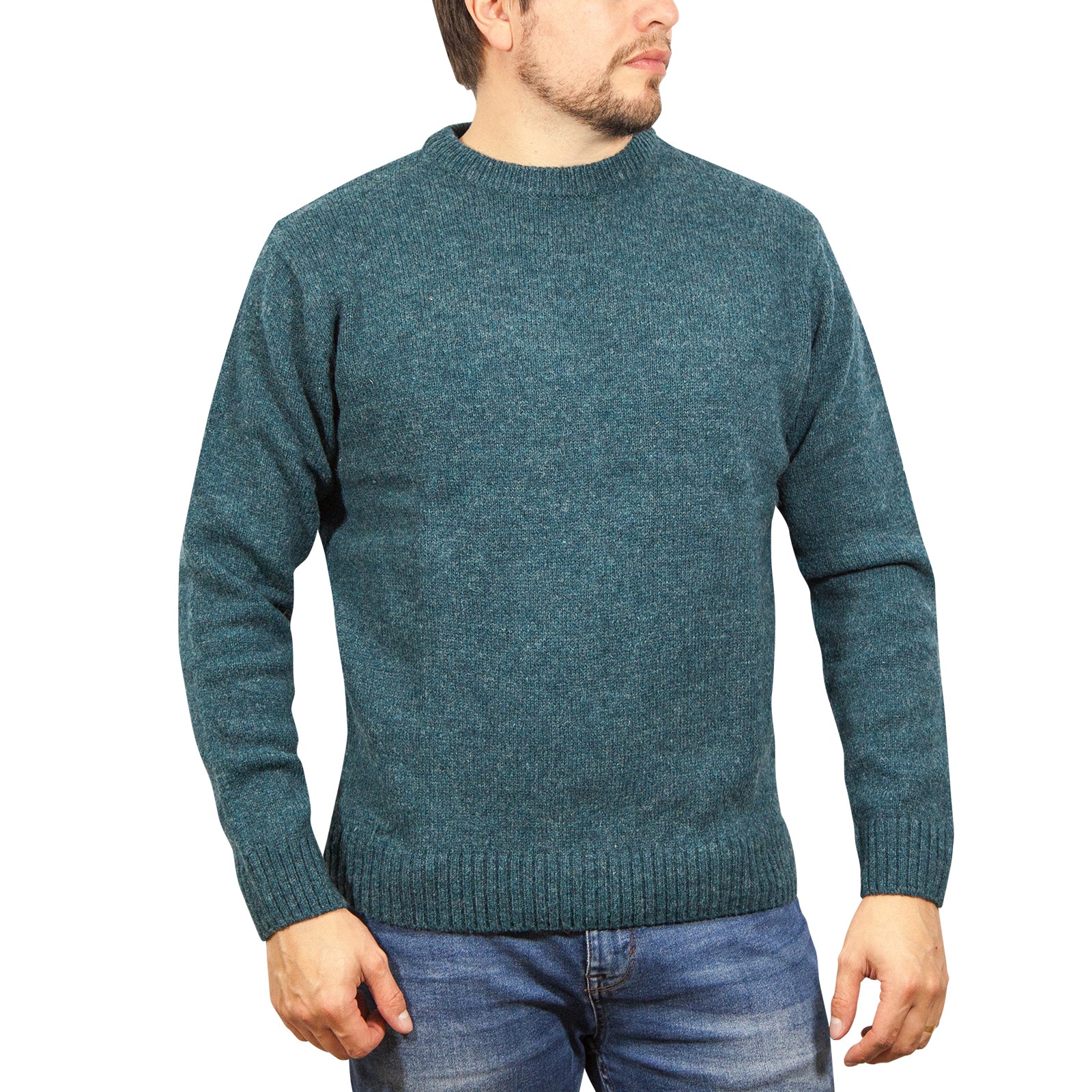 100% SHETLAND RAGG WOOL CREW Round Neck Knit JUMPER Pullover Mens Sweater Knitted - Sherwood - 4XL