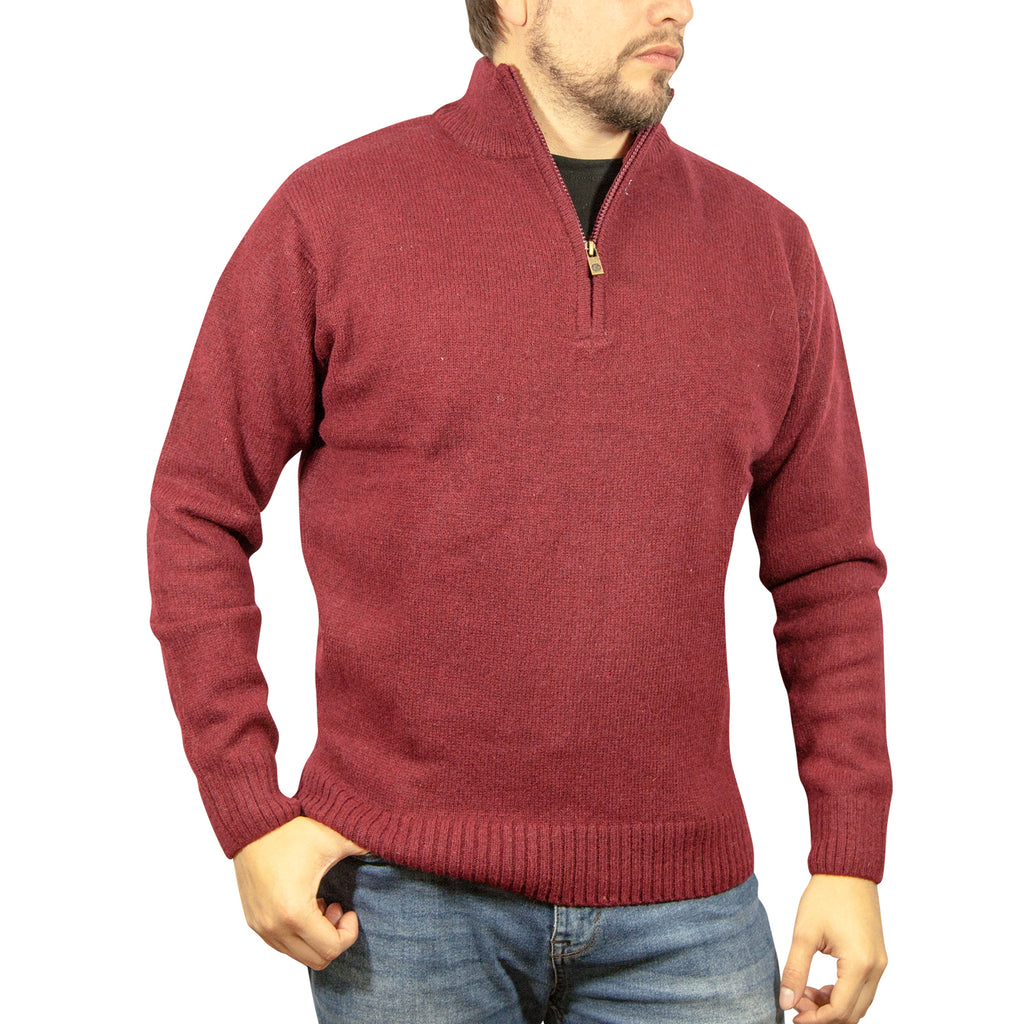 100% SHETLAND RAGG WOOL Half Zip Up Knit JUMPER Pullover Mens Sweater Knitted - Burgundy - 3XL