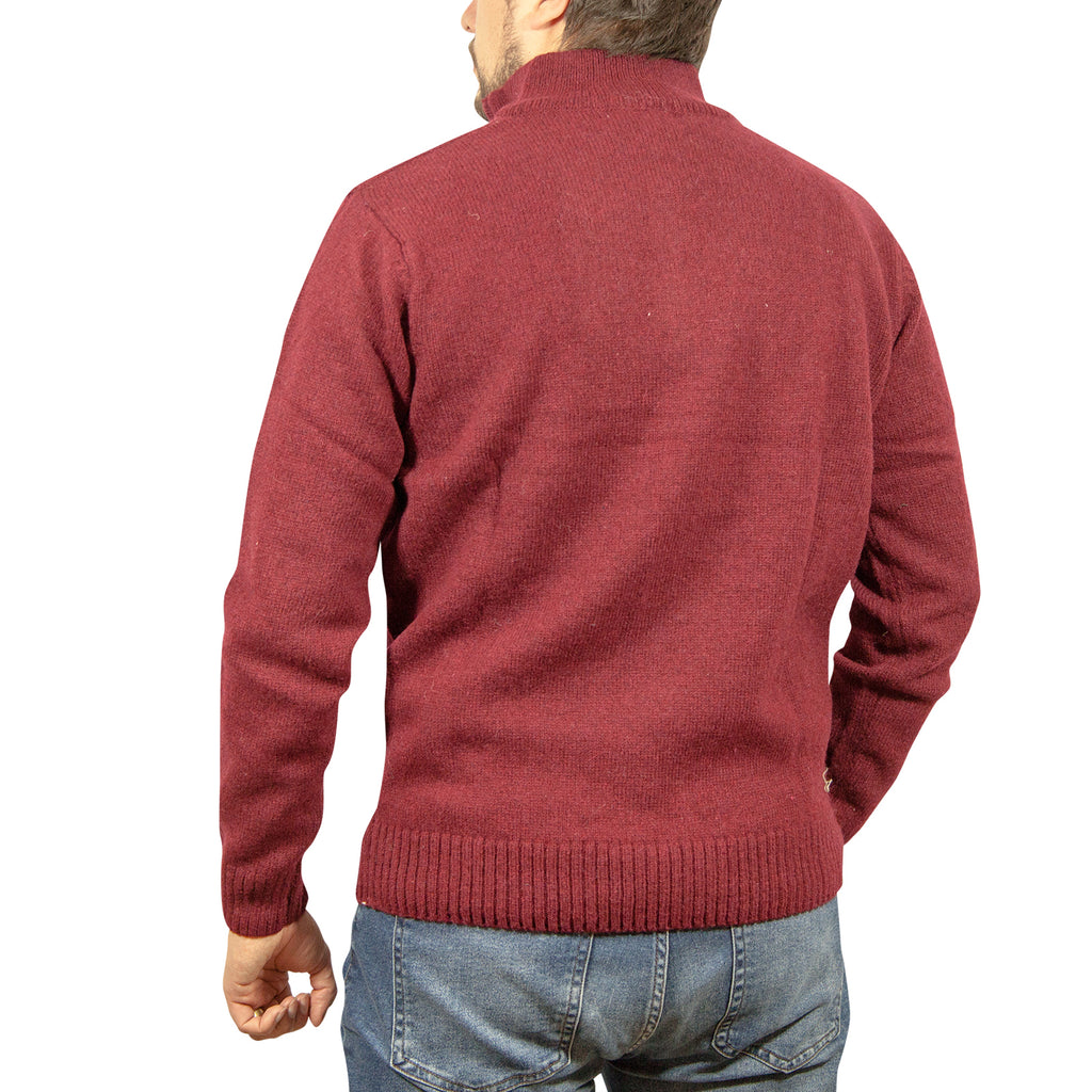 100% SHETLAND RAGG WOOL Half Zip Up Knit JUMPER Pullover Mens Sweater Knitted - Burgundy - 3XL