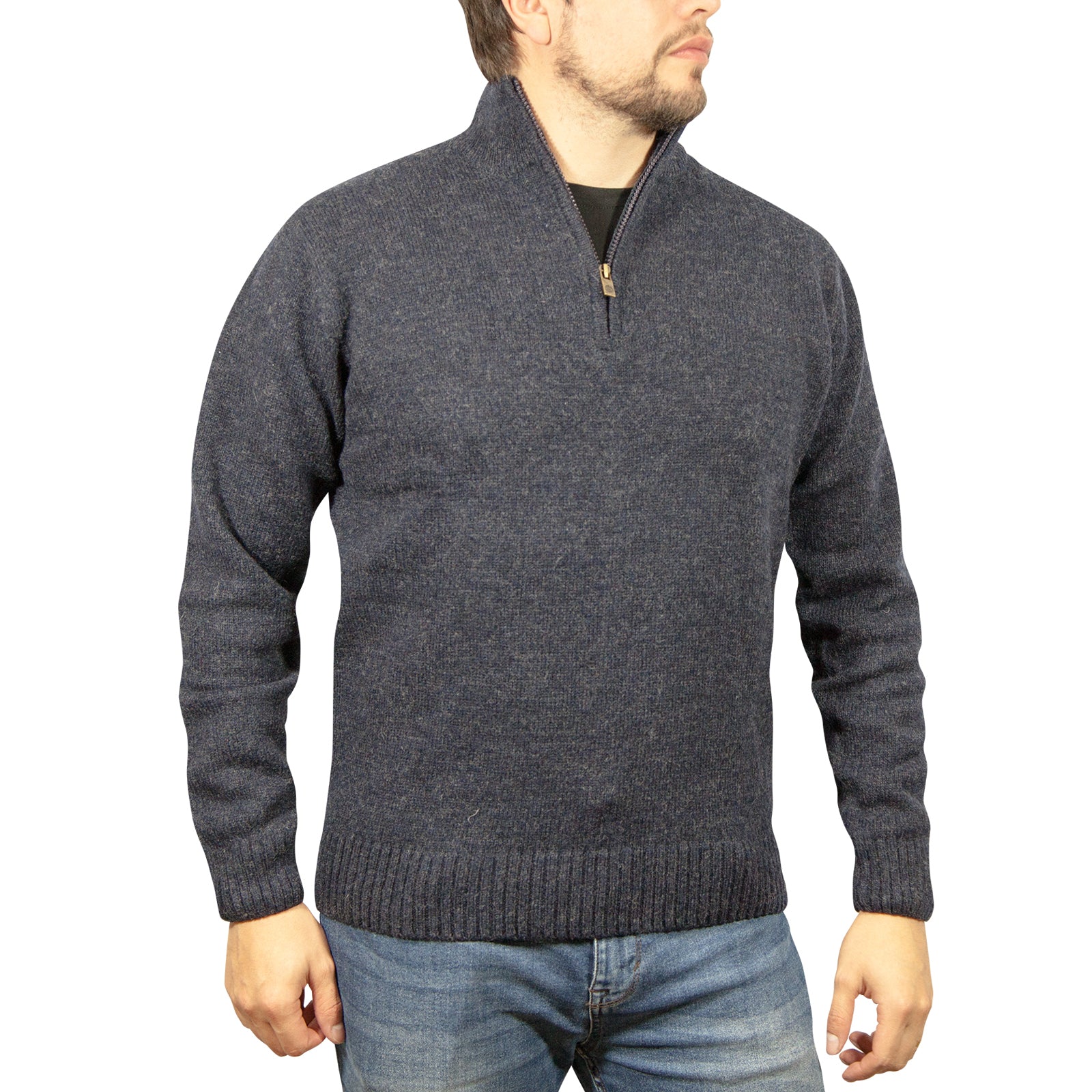 100% SHETLAND RAGG WOOL Half Zip Up Knit JUMPER Pullover Mens Sweater Knitted - Denim Blue (45) - 3XL - L