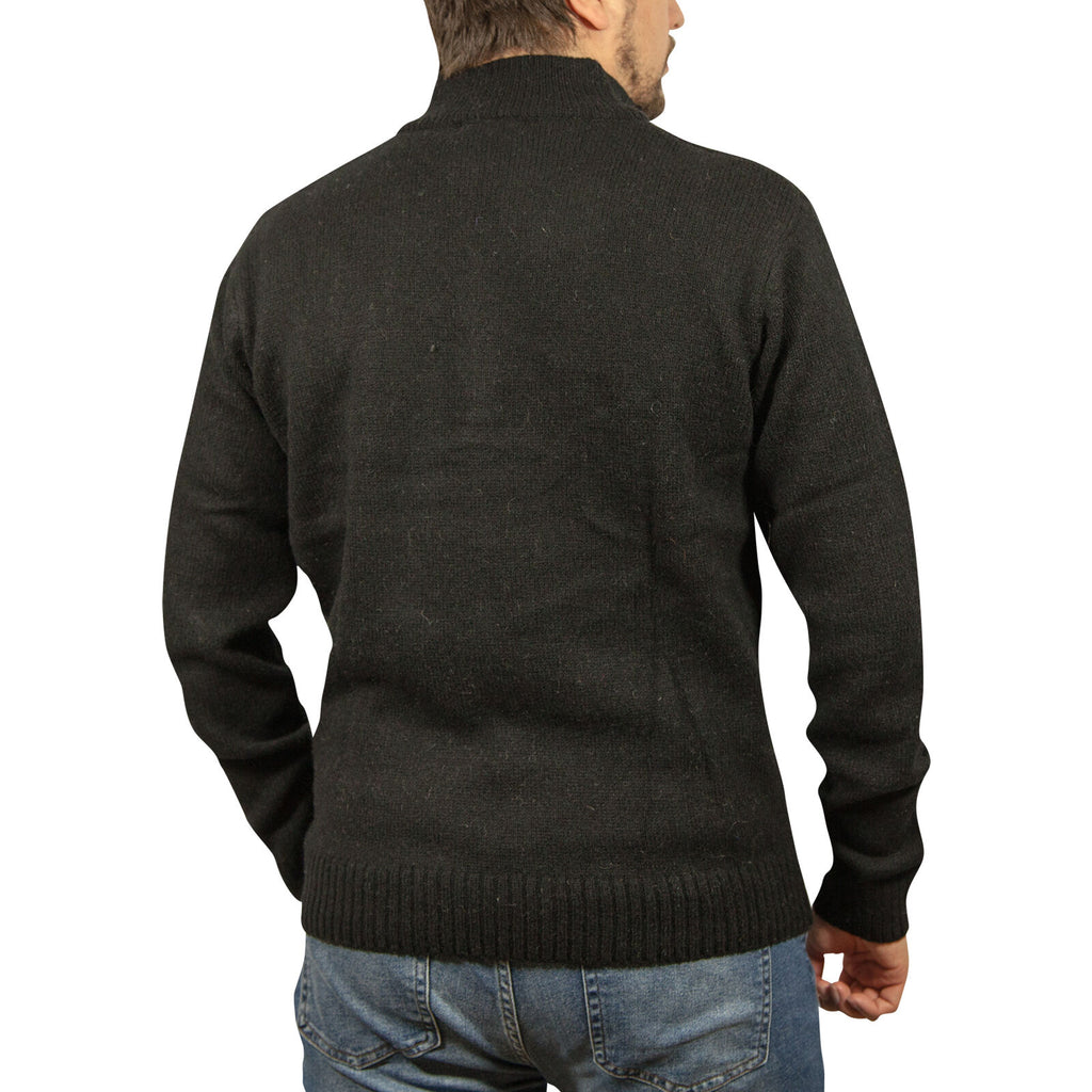 100% SHETLAND RAGG WOOL Half Zip Up Knit JUMPER Pullover Mens Sweater Knitted - Plain Black - 6XL