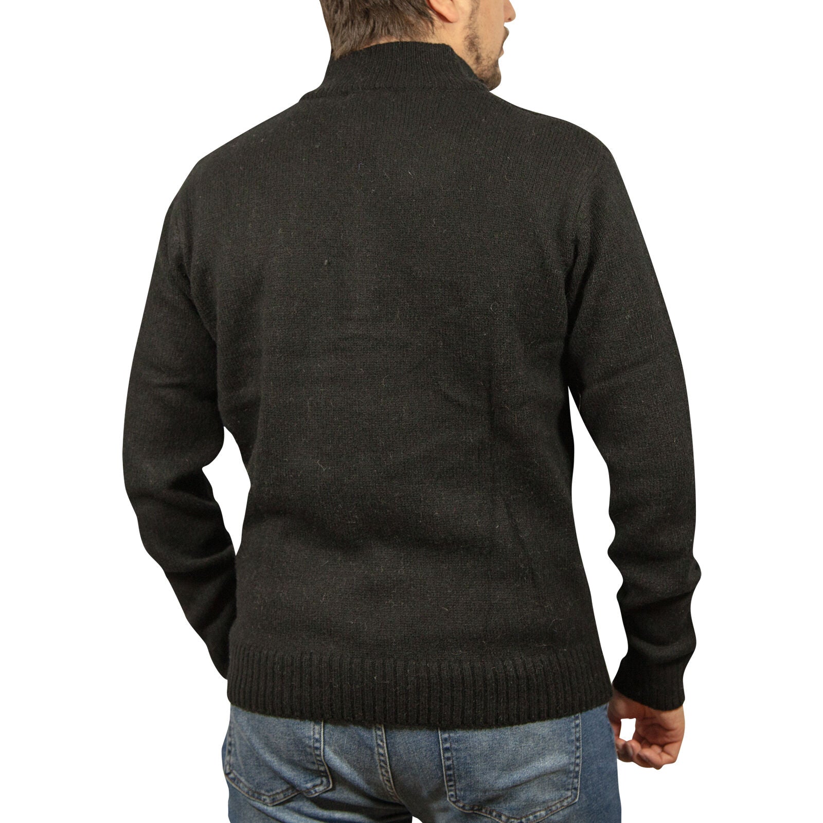 100% SHETLAND RAGG WOOL Half Zip Up Knit JUMPER Pullover Mens Sweater Knitted - Plain Black - M