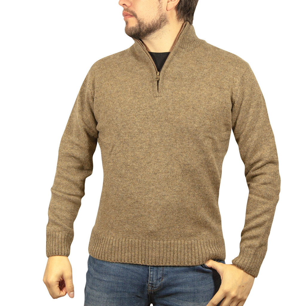 100% SHETLAND RAGG WOOL Half Zip Up Knit JUMPER Pullover Mens Sweater Knitted - Nutmeg - 4XL