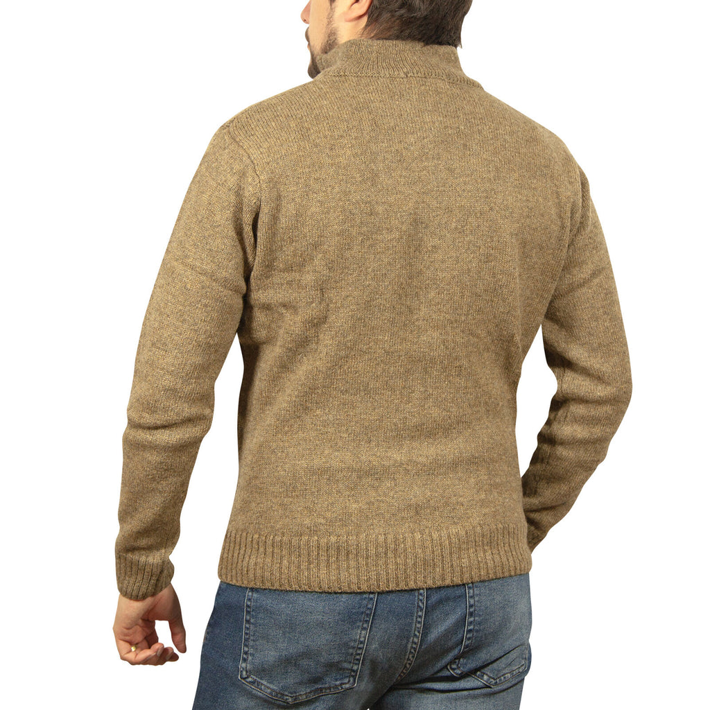 100% SHETLAND RAGG WOOL Half Zip Up Knit JUMPER Pullover Mens Sweater Knitted - Nutmeg - M
