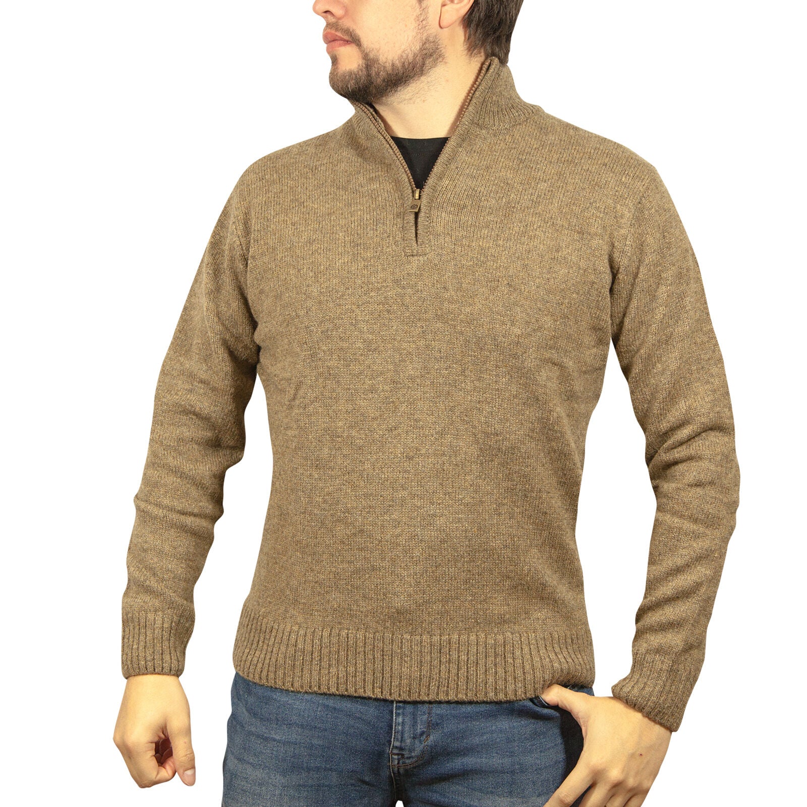100% SHETLAND RAGG WOOL Half Zip Up Knit JUMPER Pullover Mens Sweater Knitted - Nutmeg - S