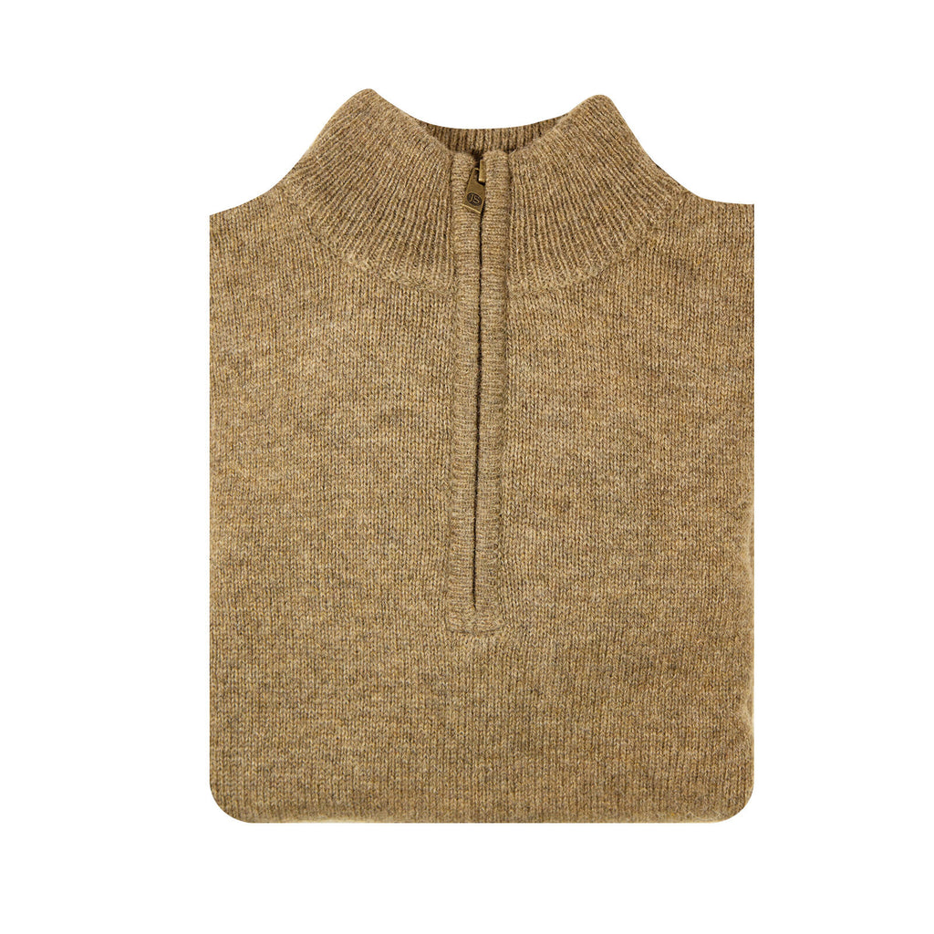 100% SHETLAND RAGG WOOL Half Zip Up Knit JUMPER Pullover Mens Sweater Knitted - Nutmeg - S