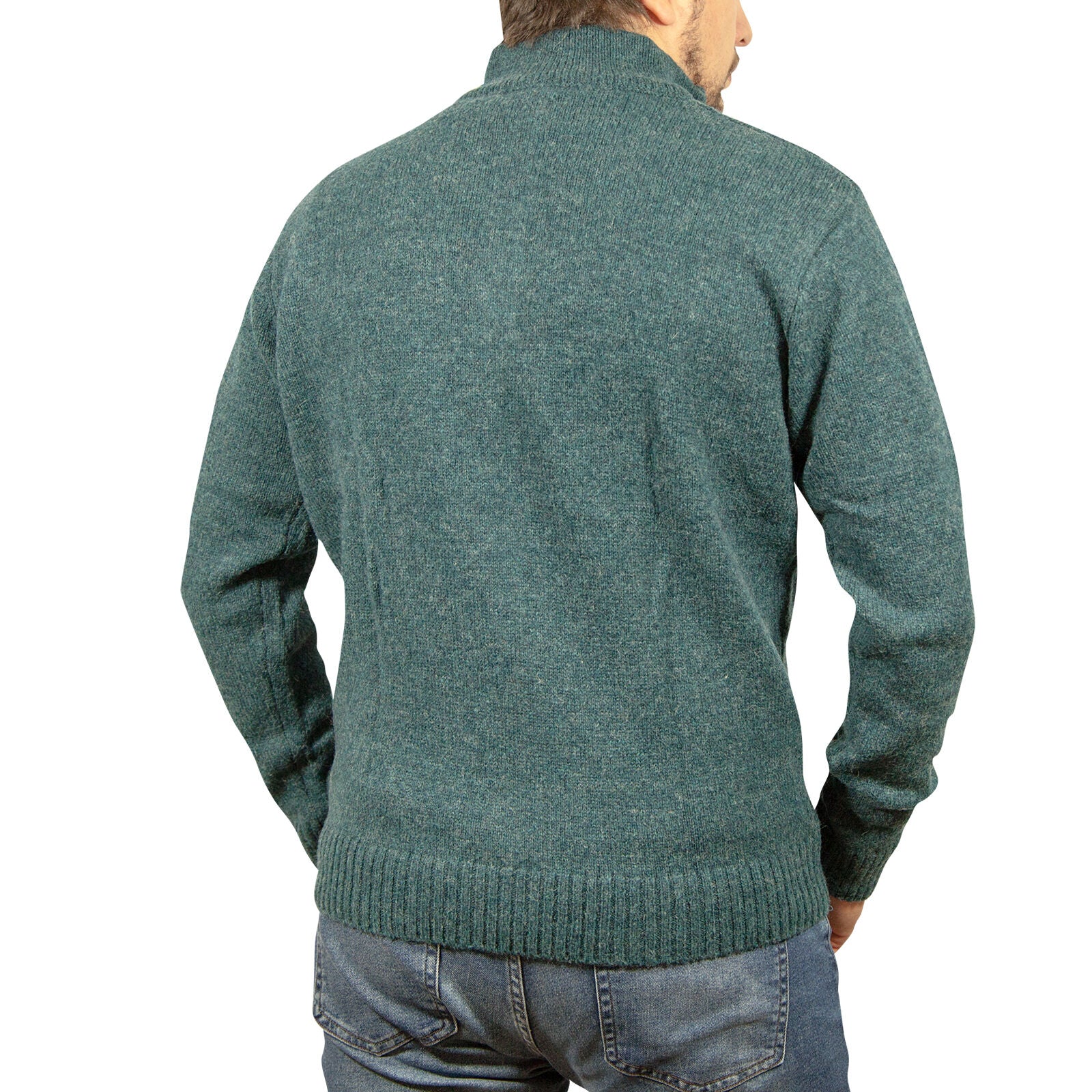 100% SHETLAND RAGG WOOL Half Zip Up Knit JUMPER Pullover Mens Sweater Knitted - Sherwood - S