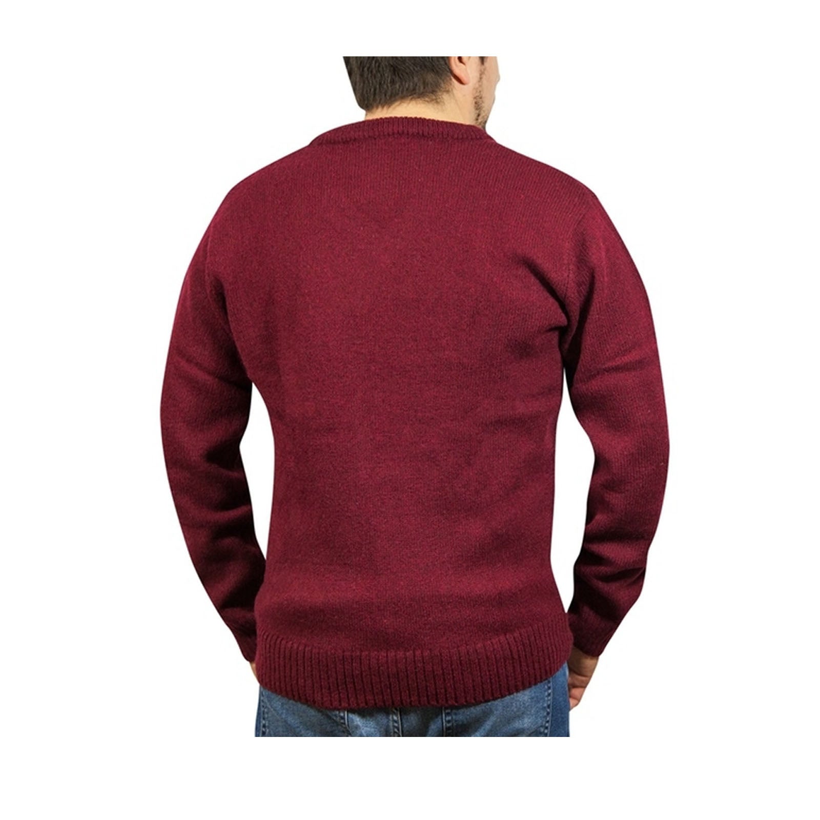 100% Shetland Ragg Wool V Neck Knit Jumper Pullover Mens Sweater Knitted - Burgundy - M