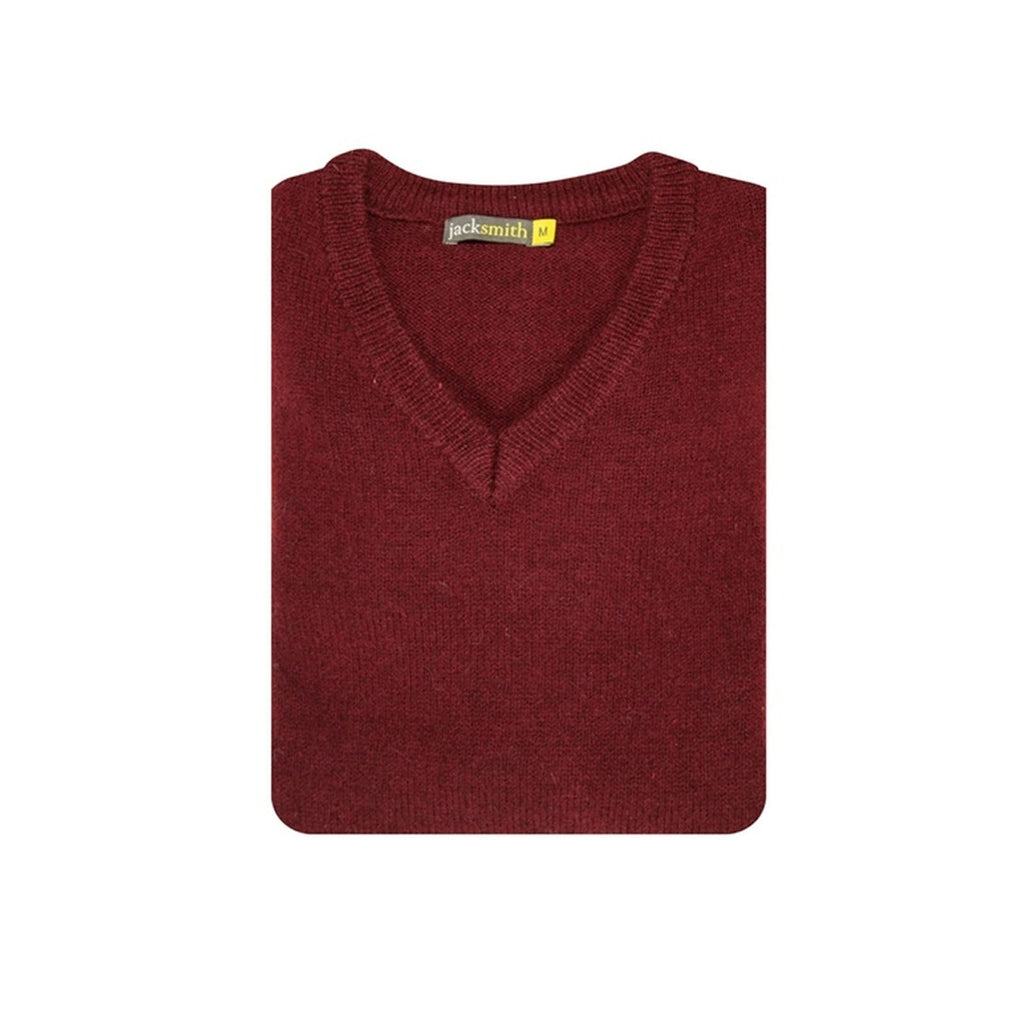 100% Shetland Ragg Wool V Neck Knit Jumper Pullover Mens Sweater Knitted - Burgundy - M