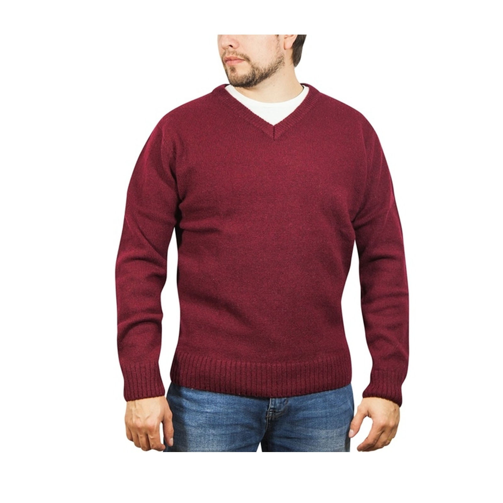 100% Shetland Ragg Wool V Neck Knit Jumper Pullover Mens Sweater Knitted - Burgundy - XL