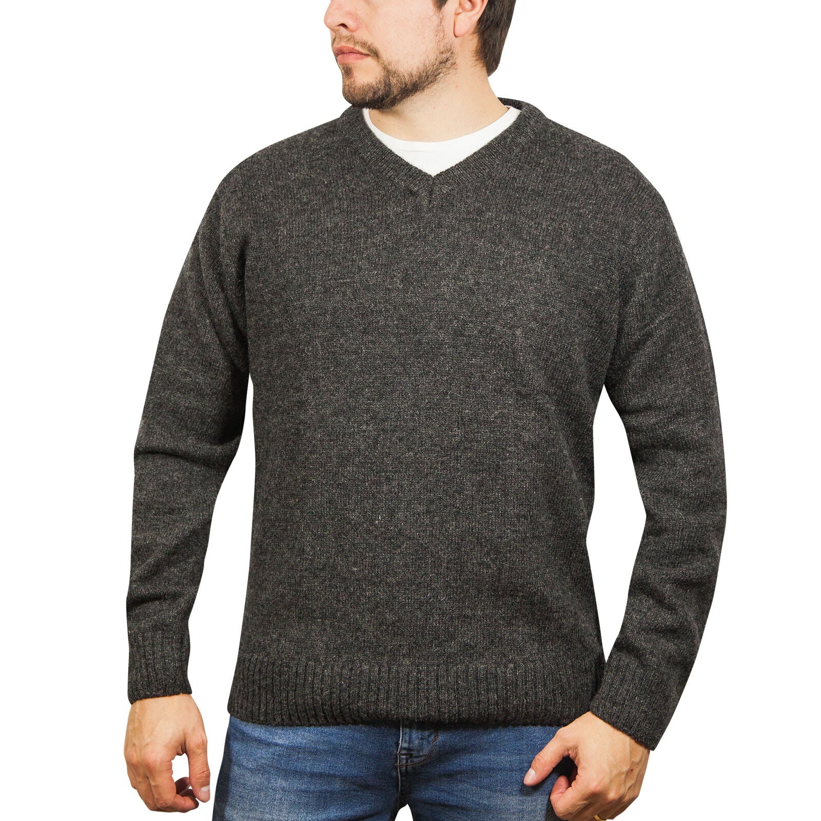100% Shetland Ragg Wool V Neck Knit Jumper Pullover Mens Sweater Knitted - Charcoal - M