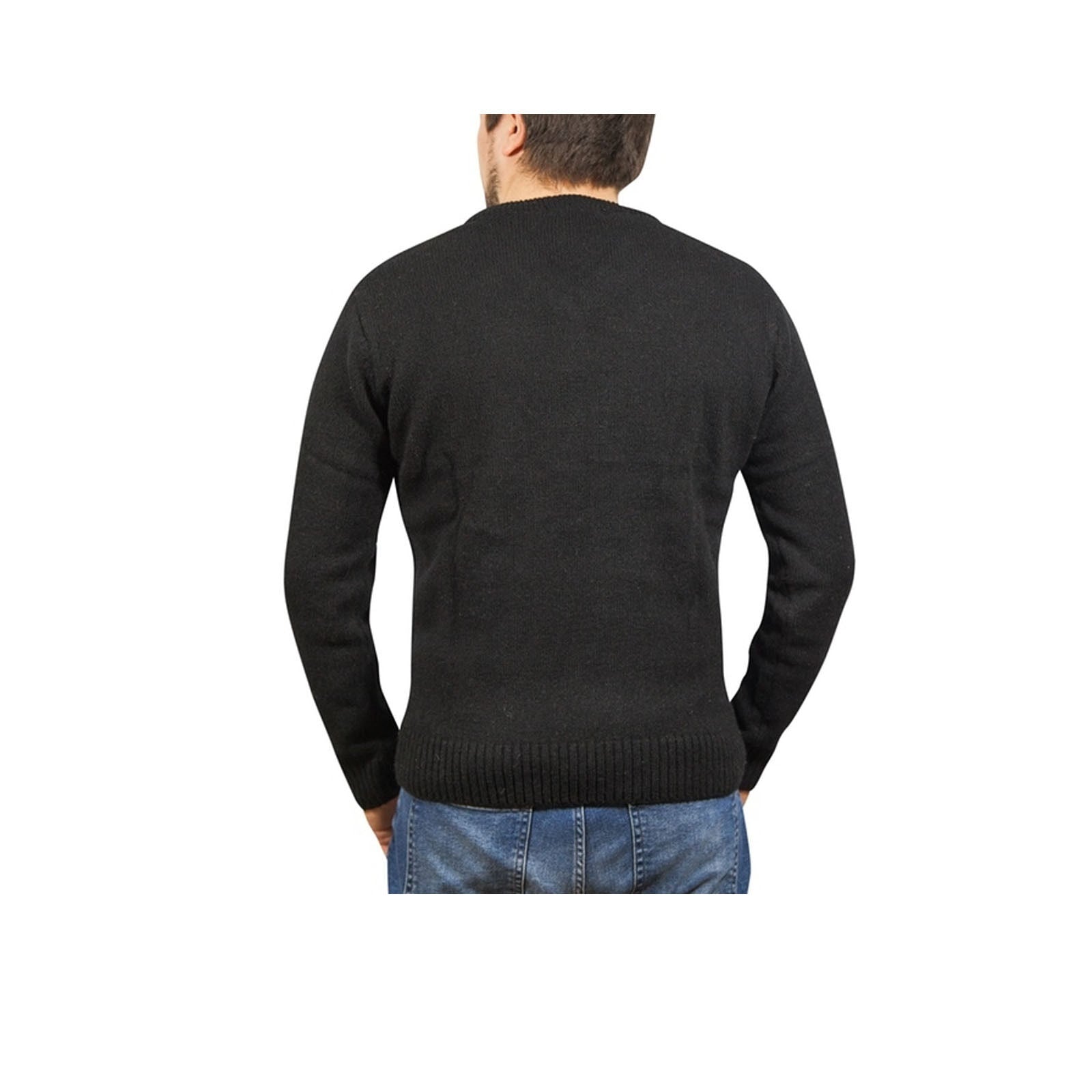 100% Shetland Ragg Wool V Neck Knit Jumper Pullover Mens Sweater Knitted - Plain Black - 4XL