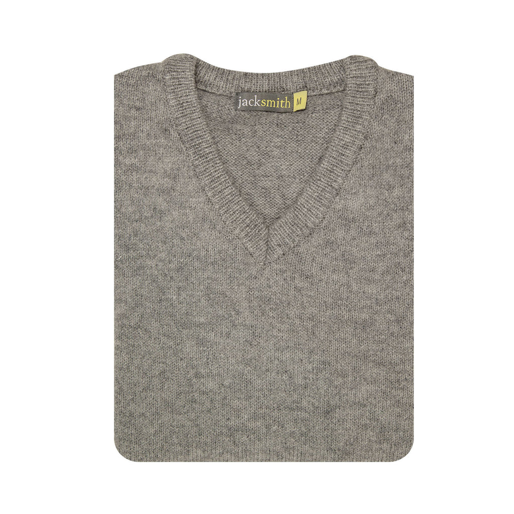 100% Shetland Ragg Wool V Neck Knit Jumper Pullover Mens Sweater Knitted - Grey - M