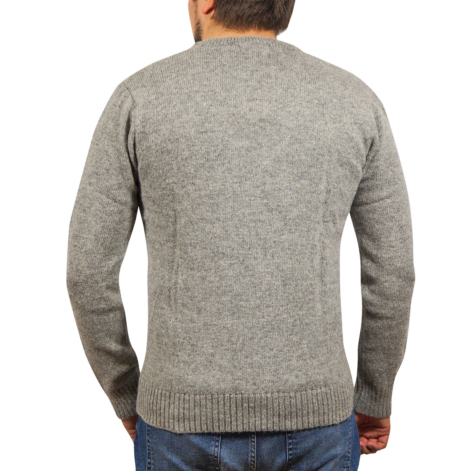 100% Shetland Ragg Wool V Neck Knit Jumper Pullover Mens Sweater Knitted - Grey - S