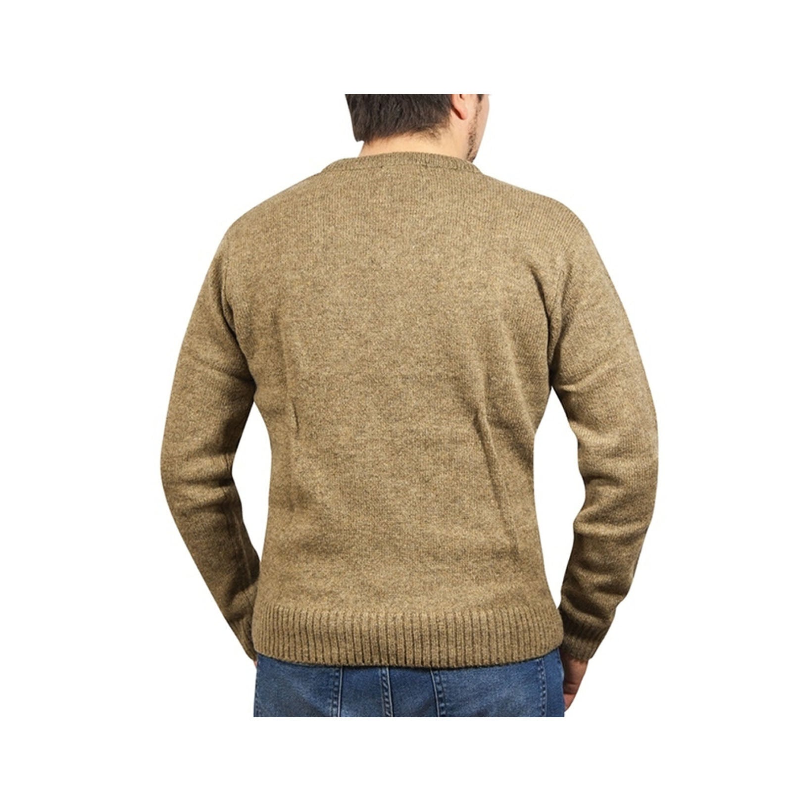 100% Shetland Ragg Wool V Neck Knit Jumper Pullover Mens Sweater Knitted - Nutmeg - M