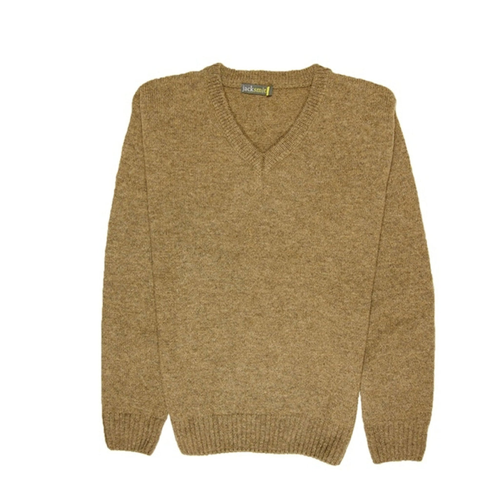 100% Shetland Ragg Wool V Neck Knit Jumper Pullover Mens Sweater Knitted - Nutmeg - S