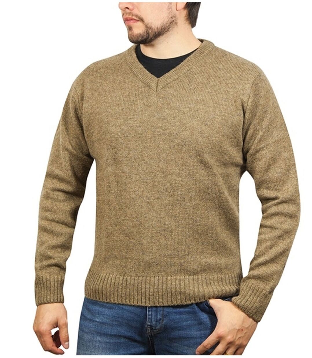100% Shetland Ragg Wool V Neck Knit Jumper Pullover Mens Sweater Knitted - Nutmeg - XL