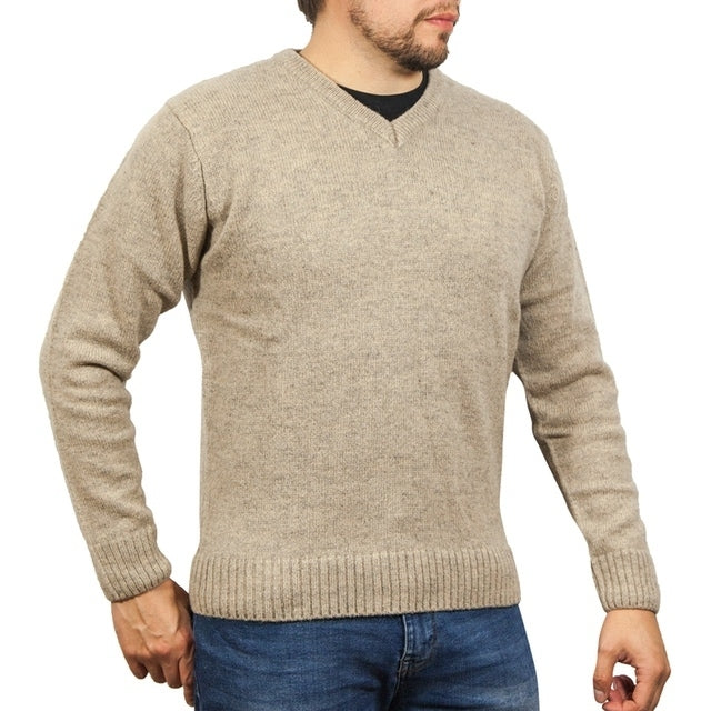 100% Shetland Ragg Wool V Neck Knit Jumper Pullover Mens Sweater Knitted - Oat Marle - XL