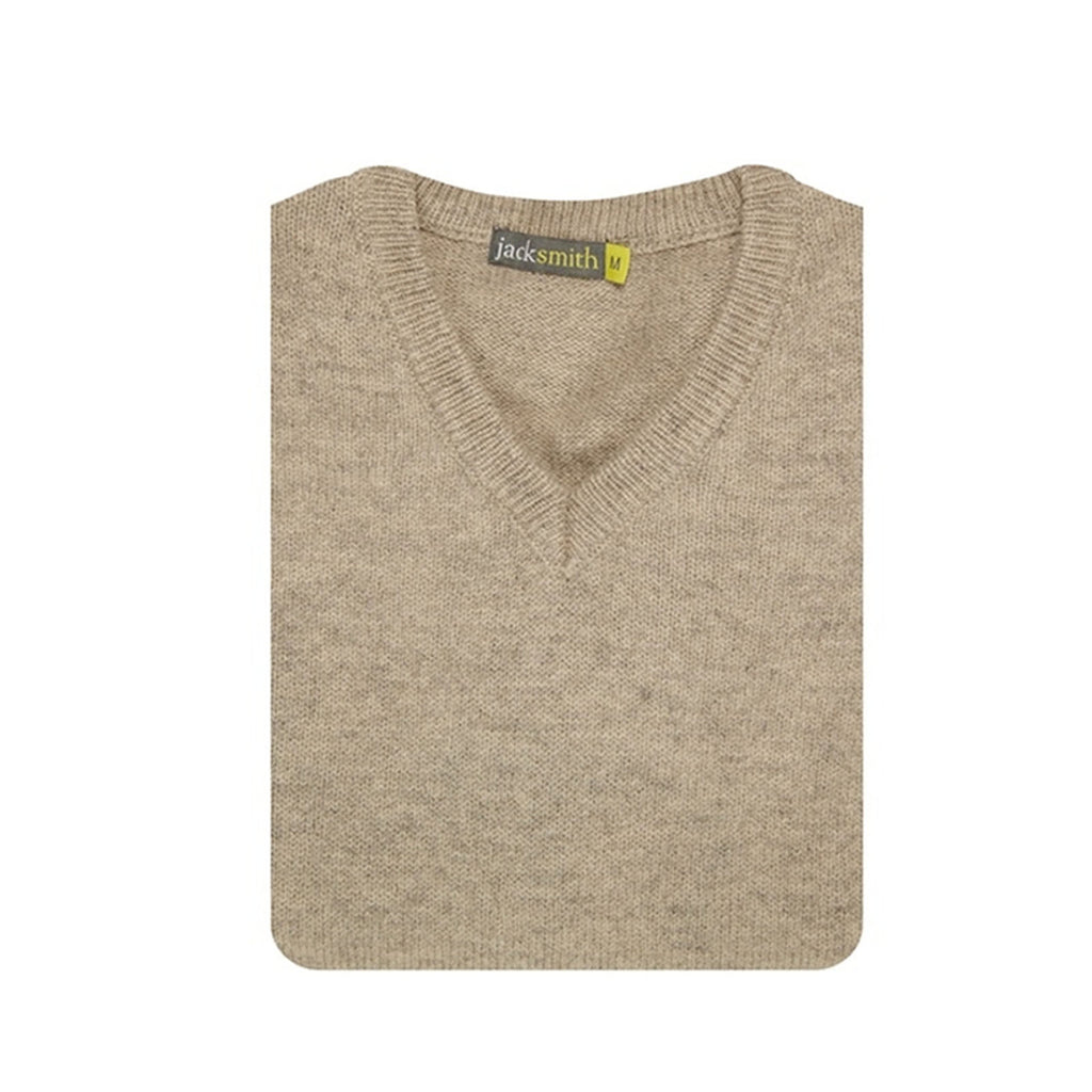100% Shetland Ragg Wool V Neck Knit Jumper Pullover Mens Sweater Knitted - Oat Marle - XL