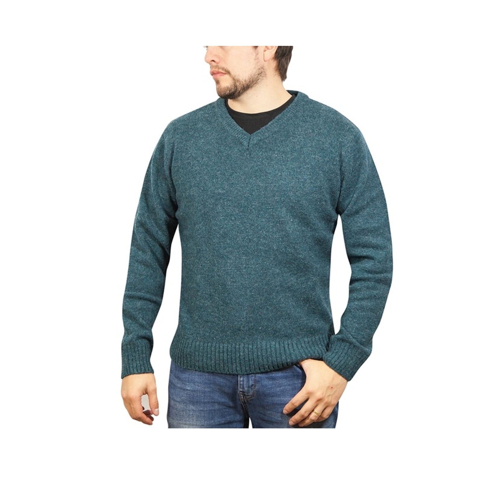 100% Shetland Ragg Wool V Neck Knit Jumper Pullover Mens Sweater Knitted - Sherwood - 6XL