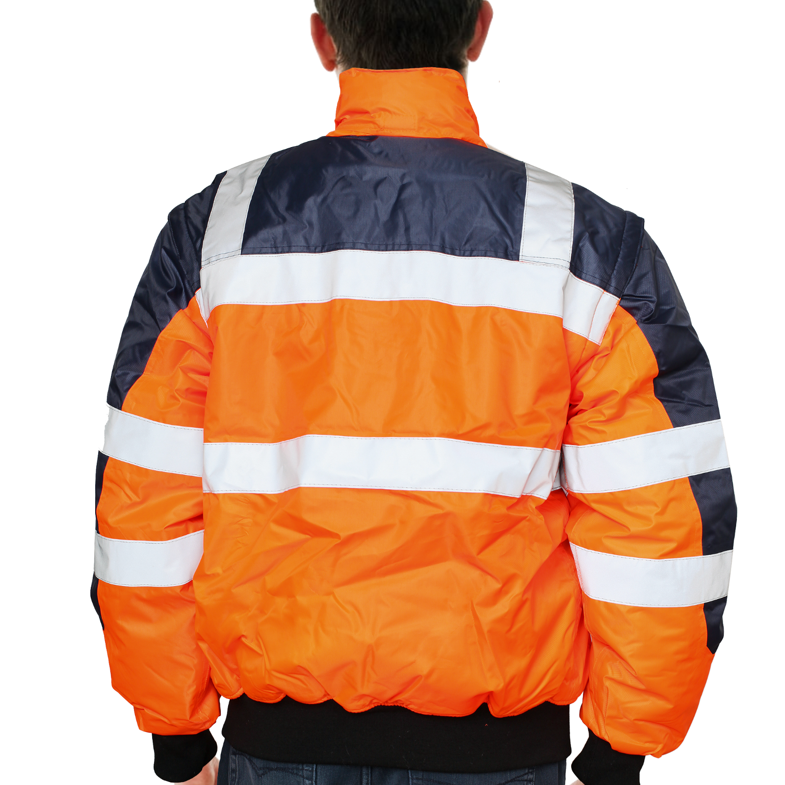 3-in-1 Hi Vis Quilted Safety Bomber Jacket Waterproof Reflective Workwear - Orange/Navy - XXL