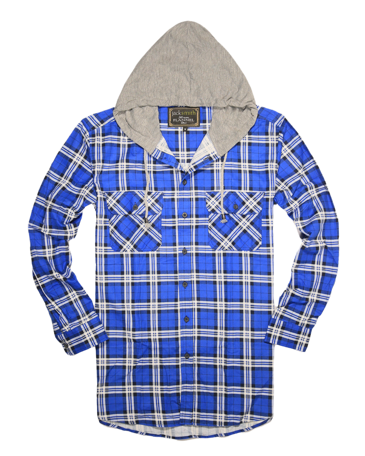 Mens Cotton Flannelette Shirt w Jersey Hood Long Sleeve Flannel - Spanish Blue - M