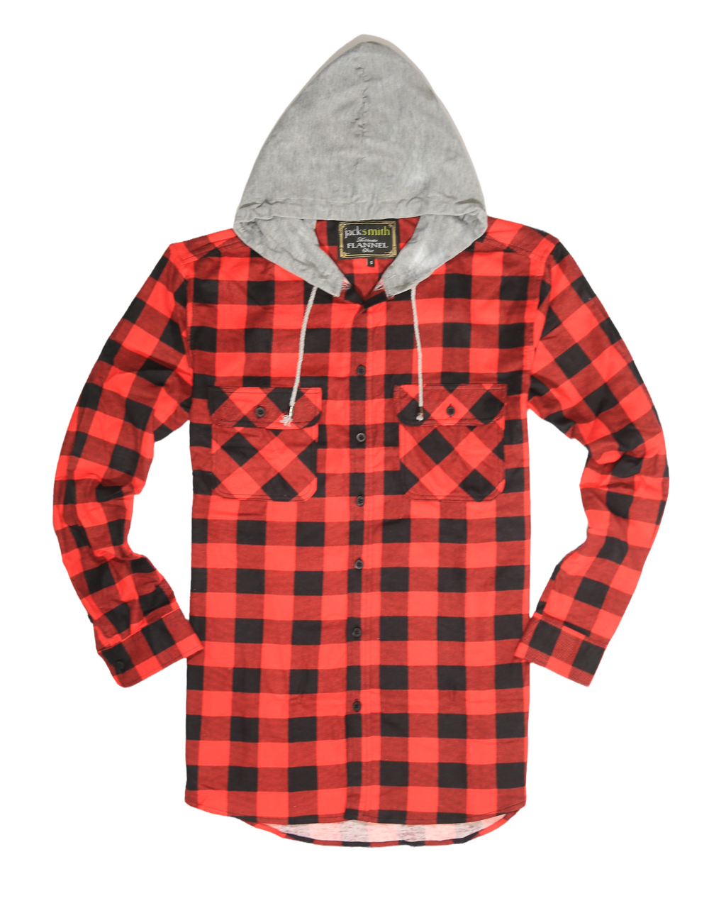Mens Cotton Flannelette Shirt w Jersey Hood Long Sleeve Flannel - Red/Black - S