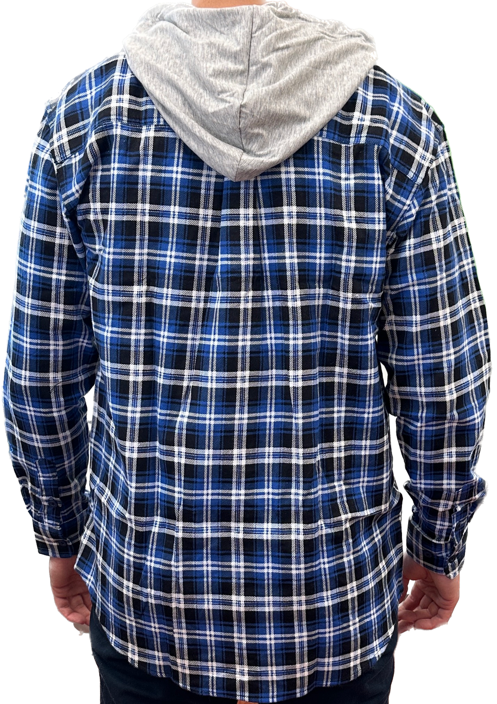 Mens Cotton Flannelette Shirt w Jersey Hood Long Sleeve Flannel - Denim - M