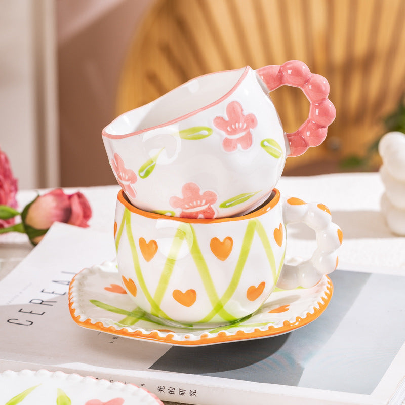 Hand-Painted Ceramic Coffee Mug and Saucer Set - Whimsical Afternoon Tea Cup with Spoon(Blue sky and white clouds)