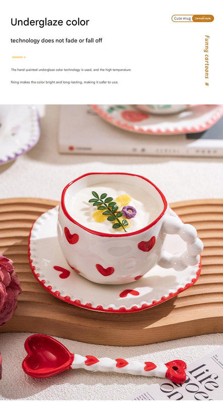 Hand-Painted Ceramic Coffee Mug and Saucer Set - Whimsical Afternoon Tea Cup with Spoon(Blue sky and white clouds)