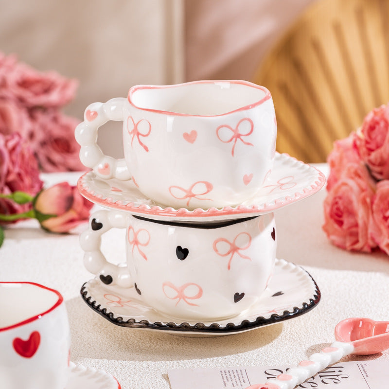 Hand-Painted Ceramic Coffee Mug and Saucer Set - Whimsical Afternoon Tea Cup with Spoon(White cloud-green)